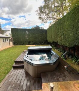 Tall clipped hedge screening a timber spa deck in a Sydney backyard.