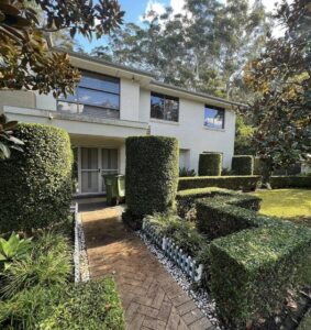 Sculpted topiary hedges across the front of a two storey Sydney home.