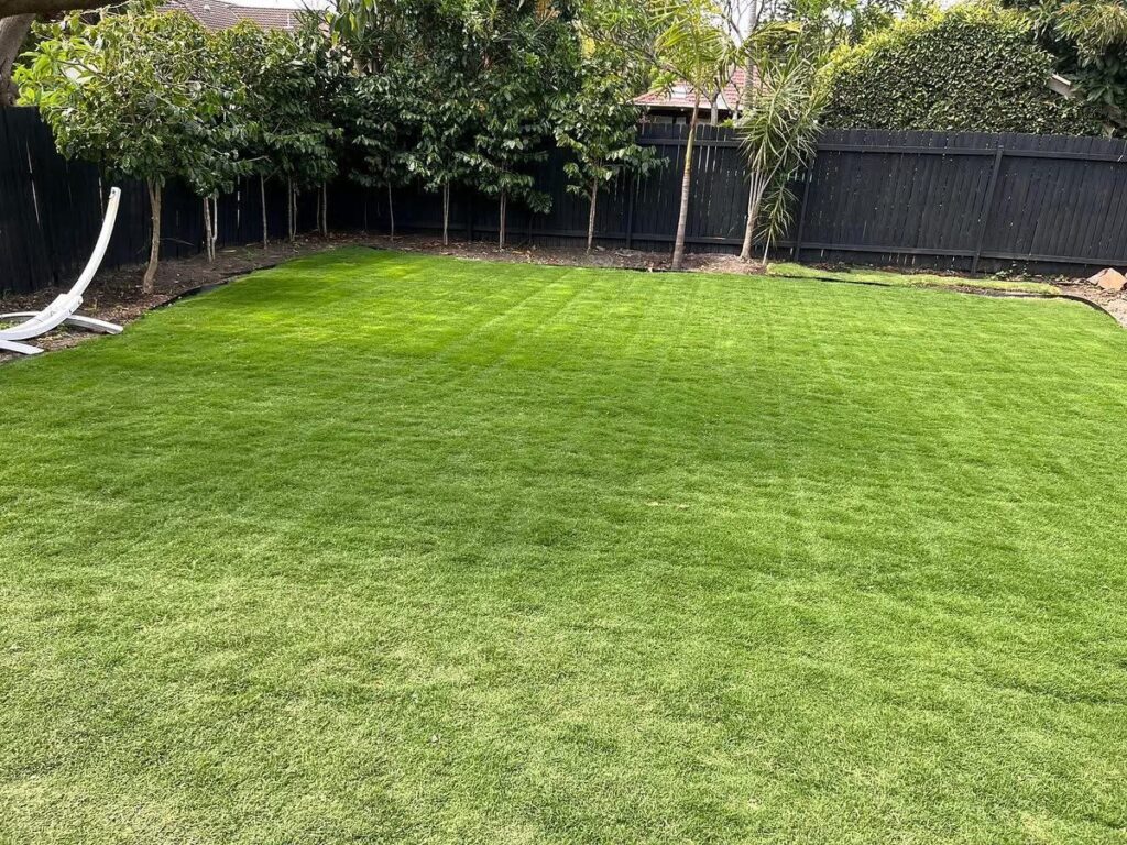 Wide freshly mown lawn bordered by a dark fence and mature trees at a Sydney home.