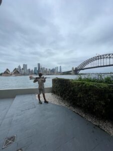 Gardener sweeping a terrace beside a clipped hedge with the Harbour Bridge behind.