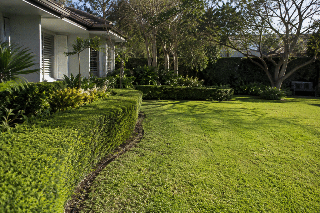 Garden maintenance in Sydney’s Eastern Suburbs with neatly trimmed hedges, a tidy lawn and a well-kept residential garden.