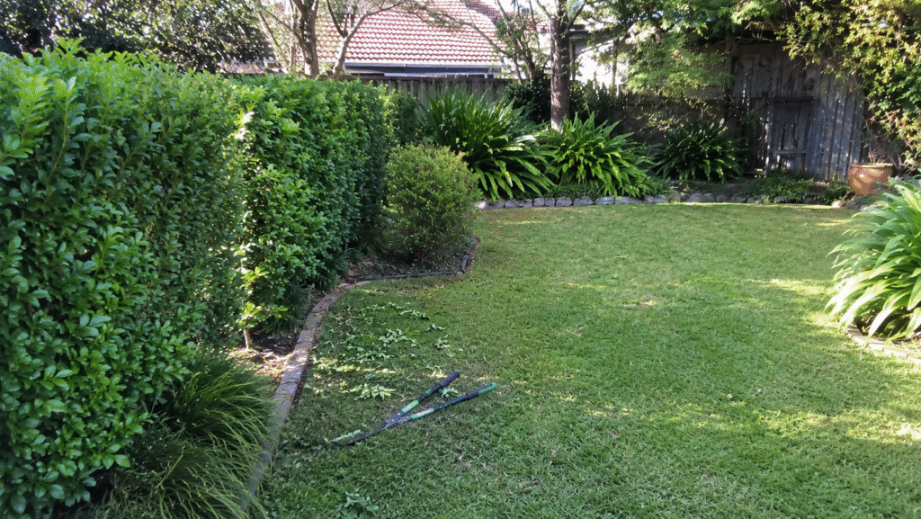 Garden maintenance on Sydney’s North Shore with trimmed hedges, tidy lawn, garden beds and hedge clippers on the grass.